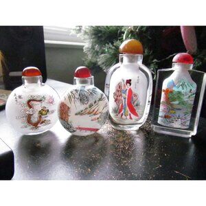 Reverse Painted Glass Snuff Bottles Vintage Asian Art with Stoppers Lot of 4